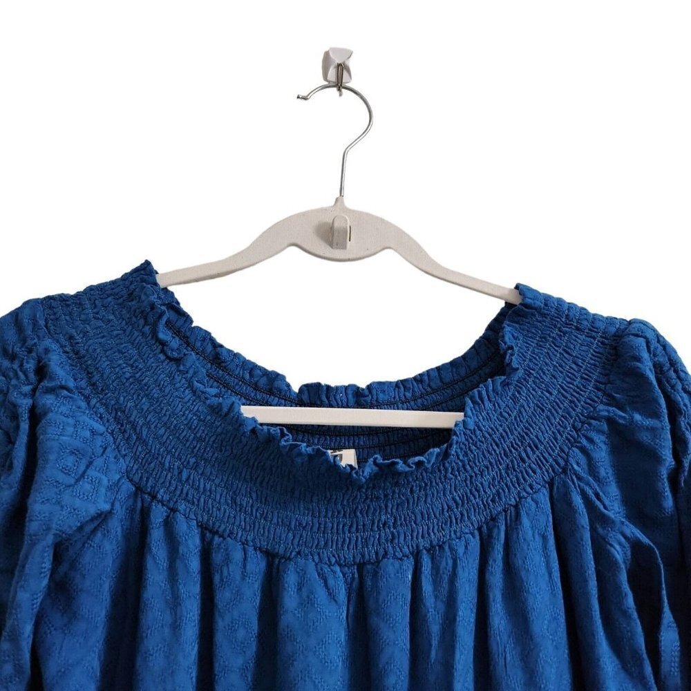 Anthropologie Amadi Mini Robe Dress Small Petite Blue SP Off The Shoulder Ruched - Picture 2 of 11